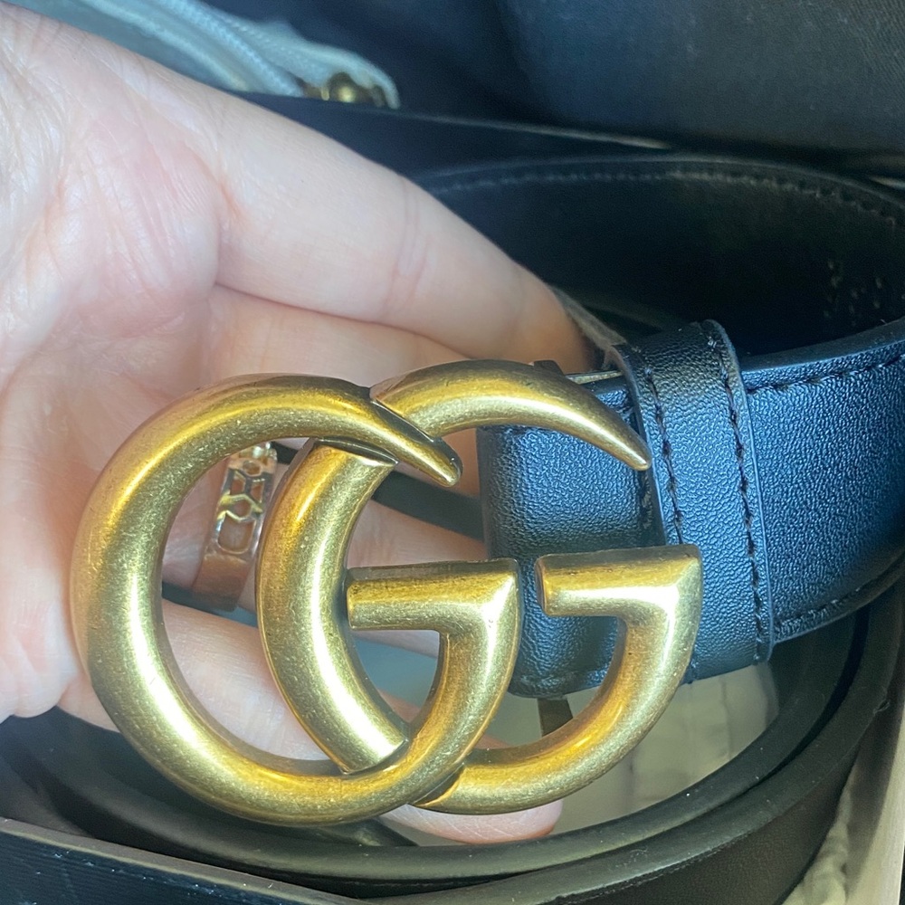 Gucci Black Leather Belt Double G buckle and matching leather hole punch tool